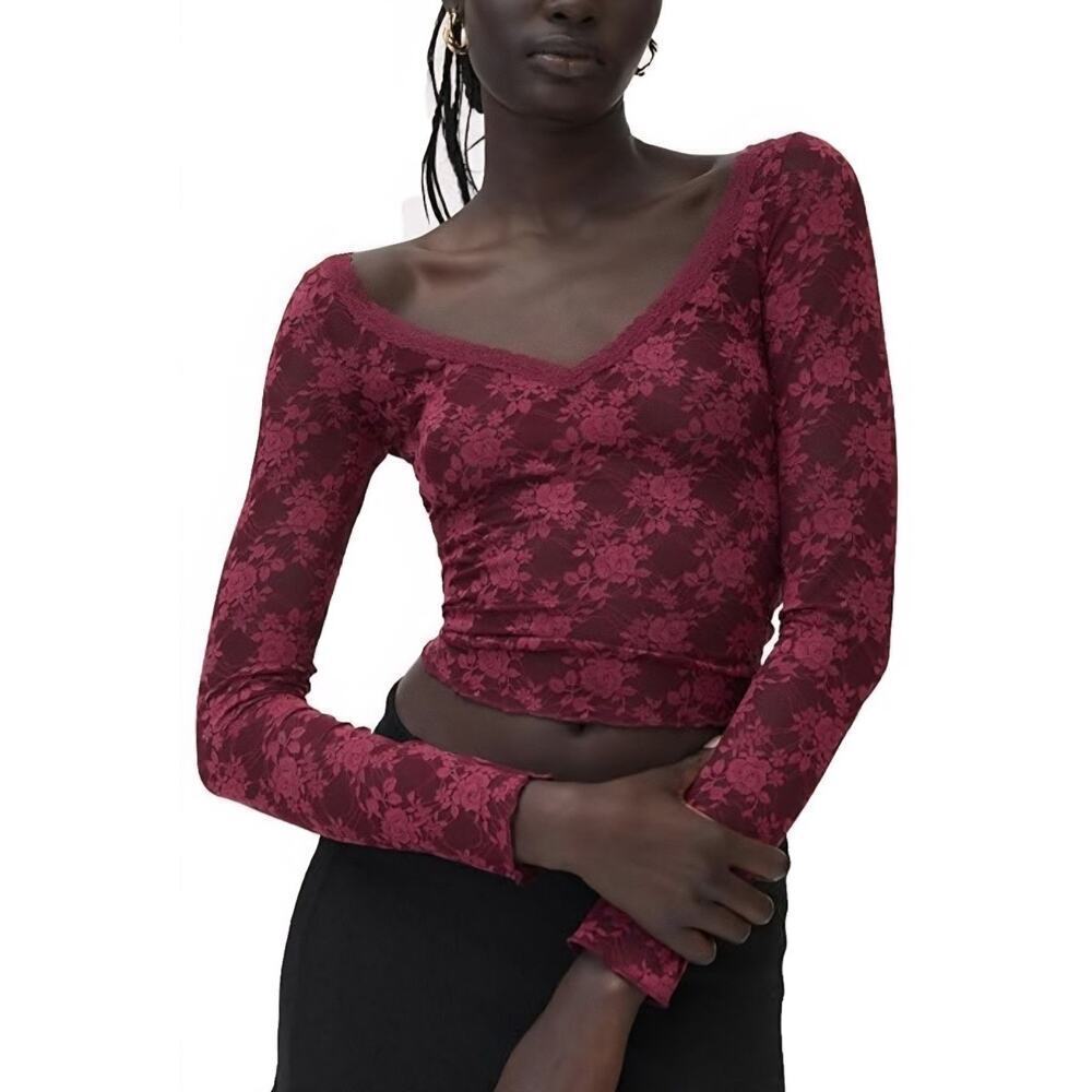 Urban Outfitters Out From Under Burgundy Long Sleeve Top Small S Sheer Floral